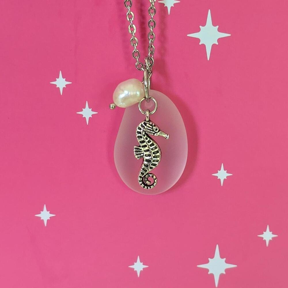Hawaiian Sea Glass Necklace Pink REAL Pearl Seahorse Necklace Gift